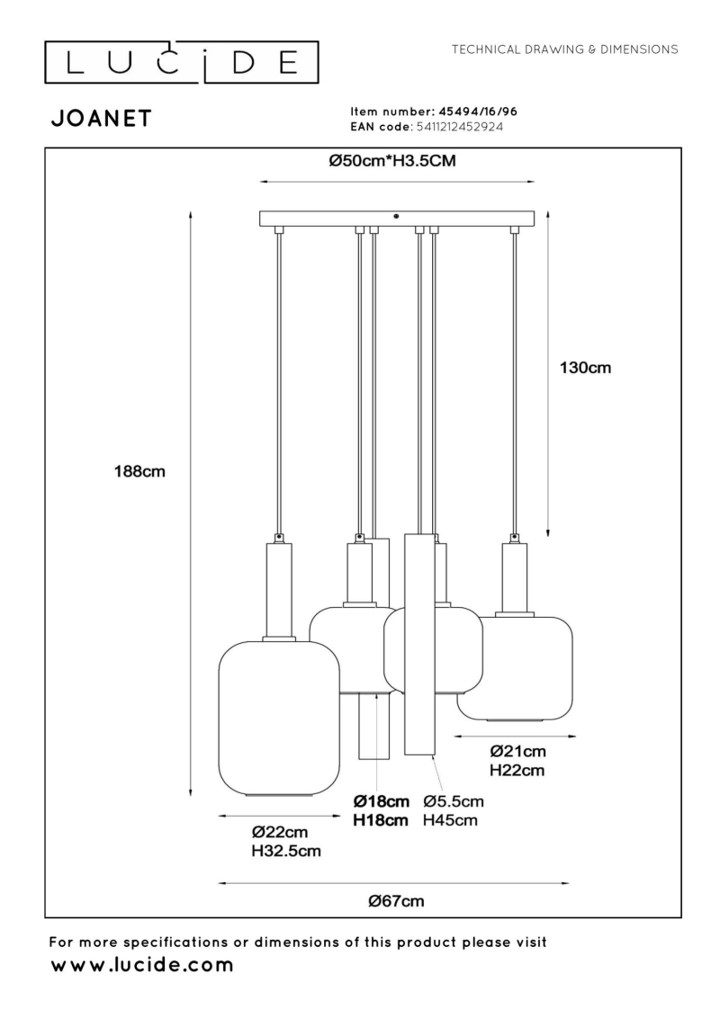Lucide JOANET - Pendant light - Ø 65 cm - 4xE27 - Brass